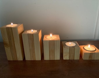 Handcrafted Wooden Tea Light Candle Holder Set- Maple and Pine- Farmhouse Tea Light Holder