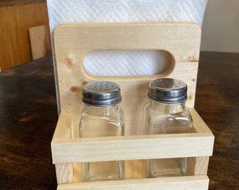 Farmhouse Salt Pepper Shaker Napkin Holder: Wooden Kitchen Organizer