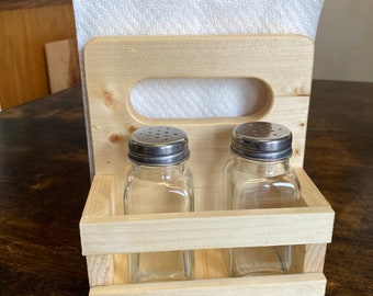 Farmhouse Salt and Pepper Shaker/Napkin Holder with Handle- Wooden Shaker/Napkin Combo