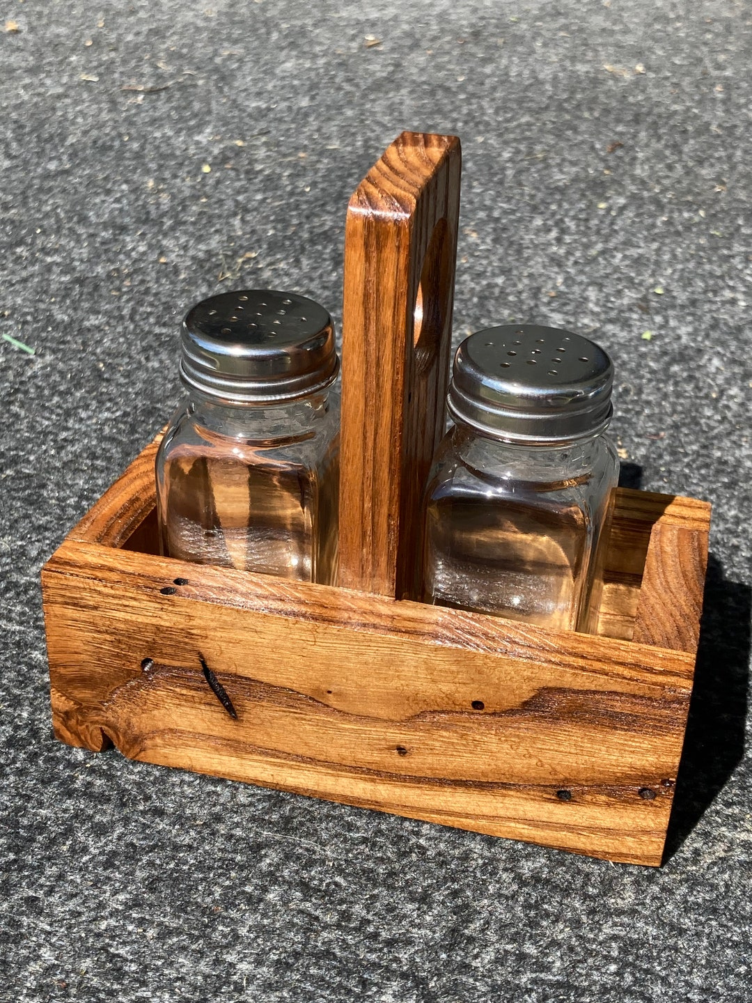 Wormy Chestnut Salt and Pepper Shaker Holder: Rustic Farmhouse