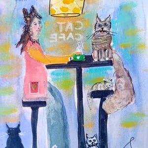 Carte imprimée faite main, café des chats, art original, carte de voeux design, cadeau pour les amoureux des chats