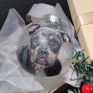 Custom painted pet glass ornament. Hand painted detailed realistic pet portrait on transparent round glass bauble ornament. 1 ornament shown, grey bulldog.
