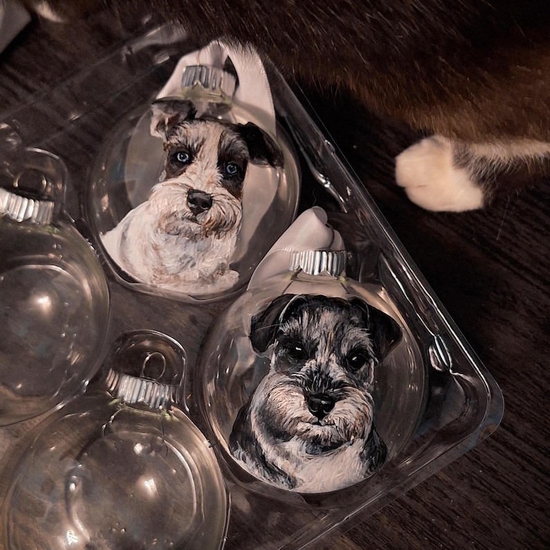 Custom painted double pet glass ornament. 2 hand painted detailed realistic pet portraits on a transparent round glass bauble ornament.  Fluffy dogs painted.