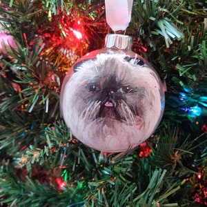 Custom painted double pet glass ornament. 2 hand painted detailed realistic pet portraits on a transparent round glass bauble ornament.  Fluffy cat painted.