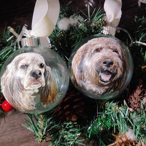 Custom painted pet glass ornament. Hand painted detailed realistic pet portrait on transparent round glass bauble ornament. 2 ornament shown dogs.