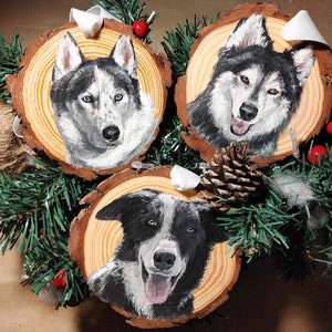 Custom hand painted detailed and realistic painted pet portrait. Added text available. 3 huskies painted.