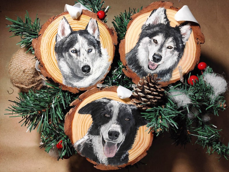 Custom hand painted detailed and realistic painted pet portrait. Added text available. 3 huskies painted.