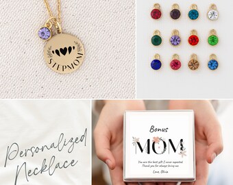 Bonus Mom Personalized Necklace with Birthstones, Bonus Mom Gift for Mother's Day, Stepmom Gift, Custom Notecard Jewelry, Mama Necklace