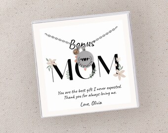 Bonus Mom Personalized Necklace with Birthstones, Bonus Mom Gift for Mother's Day, Stepmom Gift, Custom Notecard Jewelry, Mama Necklace