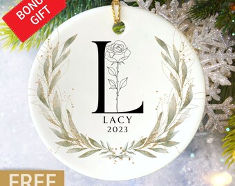 Birth Flower Personalized Ornament Gift, Monogram Christmas Ornament, Birth Month Flower Gift, Personalized Letter Keepsake, Name Ornament