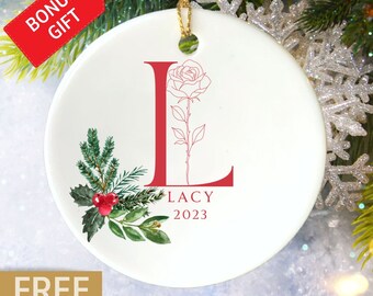 Birth Month Flower Monogram Ornament, Personalized Monogram Christmas Ornament, Birth Month Flower Gift, Personalized Letter Keepsake