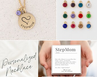 Bonus Mom Personalized Necklace with Birthstones, Bonus Mom Gift for Mother's Day, Stepmom Gift, Custom Notecard Jewelry, Mama Necklace