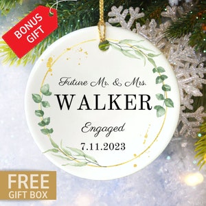 Engaged Christmas Ornament Personalized, Botanical Couples Ornament, Personalized Future Mrs. Ornament, First Christmas Engaged Ornament