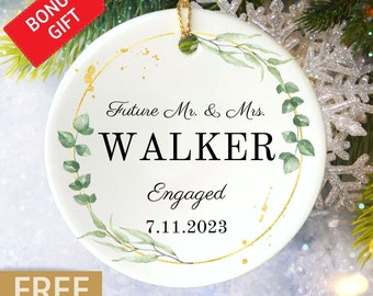 Engaged Christmas Ornament Personalized, Botanical Couples Ornament, Personalized Future Mrs. Ornament, First Christmas Engaged Ornament
