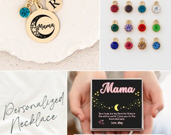 Love You to the Moon Necklace, Mom Necklace with Kids Names, Mama Necklace, Personalized Necklace for Mom, Message Card Jewelry