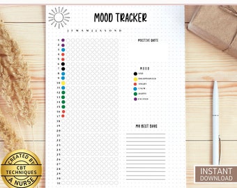 Könnte beinhalten: Druckbare Bullet-Journal-Seite zur Stimmungsaufzeichnung. Die Seite verfügt über ein Raster mit Kreisen für jeden Tag des Monats, einen Bereich für positive Zitate und einen Bereich für die Notiz der besten Tage. Der Stimmungs-Tracker enthält einen Farbschlüssel für verschiedene Stimmungen: traurig, enttäuscht, wütend, ruhig, glücklich und aufgeregt.