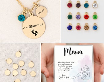 First Time Mom Necklace, Mama Necklace, New Mom Necklace and Birthstone, Baby Feet Necklace, Message Card Necklace, Personalized Necklace