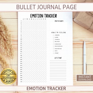 Może przedstawiać: Drukowalna strona bullet journal z czarno-białym trackerem emocji. Tracker zawiera siatkę do śledzenia emocji codziennie dla każdego miesiąca w roku. Strona zawiera również sekcję do wpisania pozytywnego cytatu i sekcję do wpisania o tym, jak się czujesz.