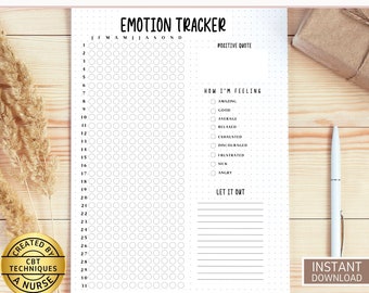 Könnte beinhalten: Eine druckbare Bullet-Journal-Seite mit einem schwarz-weißen Emotionstracker. Der Tracker enthält ein Raster, um Emotionen täglich für jeden Monat des Jahres zu verfolgen. Die Seite enthält auch einen Abschnitt zum Schreiben eines positiven Zitates und einen Abschnitt zum Schreiben darüber, wie Sie sich fühlen.