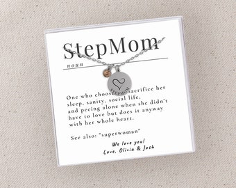 Bonus Mom Personalized Necklace with Birthstones, Bonus Mom Gift for Mother's Day, Stepmom Gift, Custom Notecard Jewelry, Mama Necklace