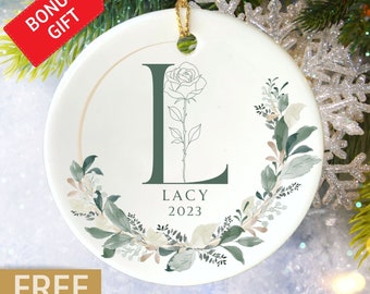Birth Month Flower Ornament Personalized, Monogram Christmas Ornament, Birth Month Flower Gift, Personalized Letter Keepsake, Name Ornament