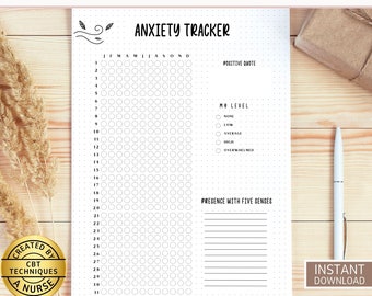 Könnte beinhalten: Druckbare Bullet Journal Seite zur Verfolgung von Angstzuständen mit einem schwarz-weißen Design. Die Seite enthält ein Kalenderrraster, einen Bereich zur Verfolgung von Angstzuständen und einen Platz zum Aufschreiben von positiven Zitaten. Die Seite enthält auch einen Bereich für die Präsenz mit fünf Sinnen.