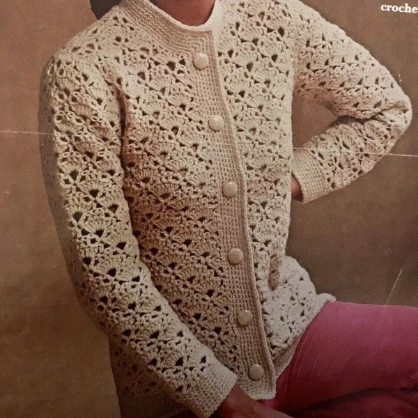 Crochet Pattern Ladies Bainin Button up Crochet Lacy Cardigan Jacket