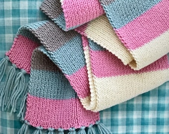 Knitting Pattern Scarf DK Rib knitting Striped Scarf with Tassels