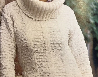 Ladies Knitting Pattern Aran Roll Neck Collar Jumper Sweater Pattern