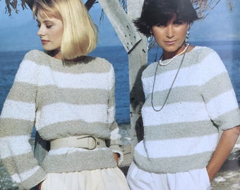 Womens Knitting Pattern Ladys Striped & Plain Sweaters / Jumpers DK sizes 30-40" short sleeve