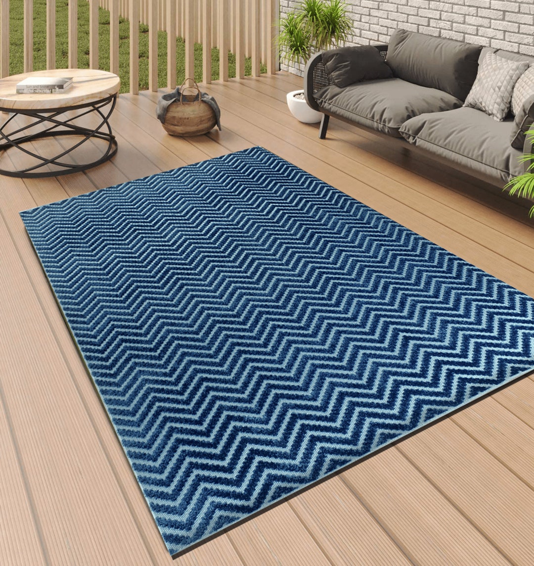 Buy CHEVRON OUTDOOR RUG Blue Rugs for Patio Waterproof Garden Rug