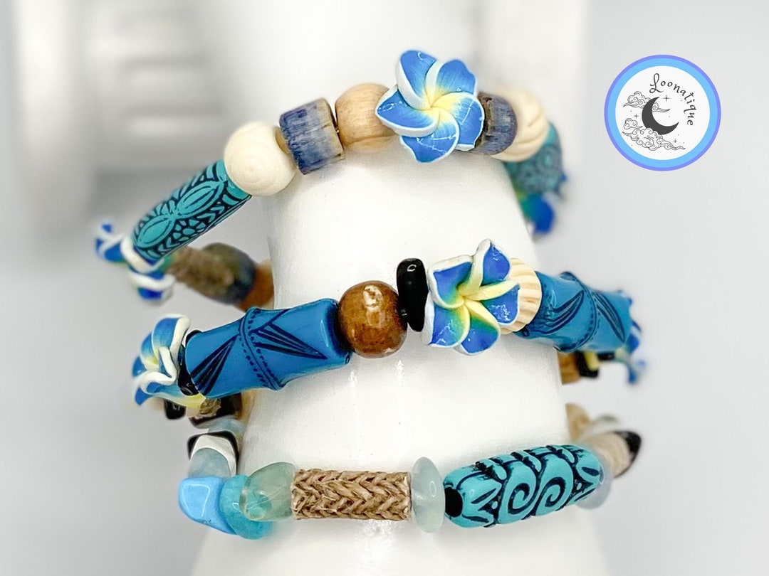 Frangipani Polymer Clay Plumeria Flower Hemp Luau Stretch Bracelets, Fluorite, Turqoise