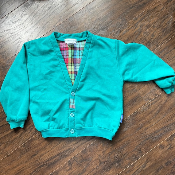 Vintage Oshkosh Cardigan Teal Made in USA Plaid - image 1