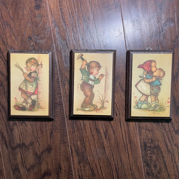 Vintage Set of 3 Hummel Wooden Plaque Pictures