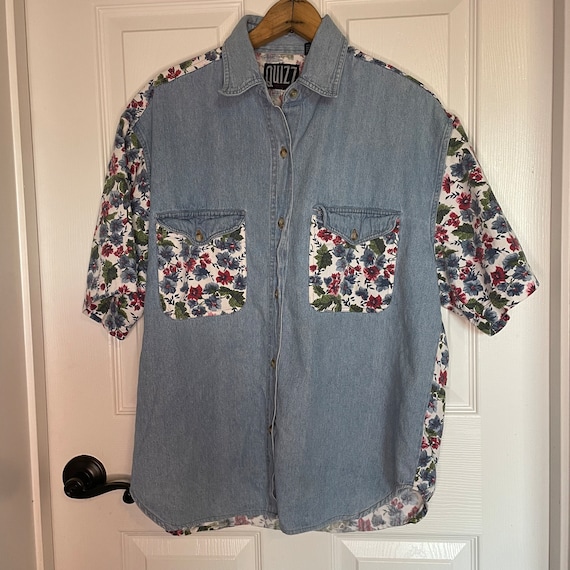 Vintage Quizz Denim Flower Patchwork Button Down Shirt