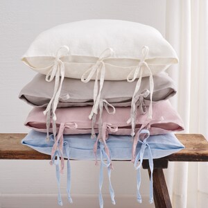 LINEN PILLOW COVER - Square Pillow Cover - Softened Pillow Case - Ties Pillow Case - Stylish Pillow  Cover - Organic Pillow Case