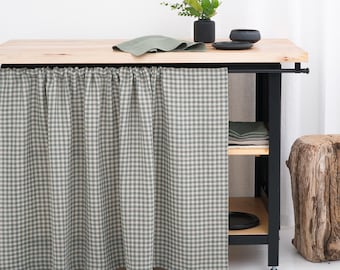 Checkered Linen Cabinet Curtain, Sink Skirt, Short Window Curtain, Rod Pocket, Semi Sheer for Kitchen or Bathroom