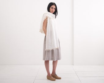 Linen scarf. Natural soft washed linen scar with Pom Pom trim.