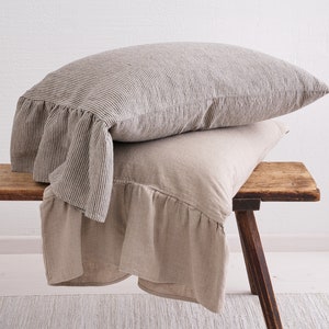 Funda de almohada de lino, fundas de almohada con volantes, funda de cojín de lino, almohada de tiro de lino, funda de almohada orgánica suave, con volantes