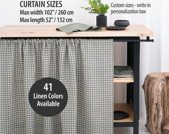 Checkered Linen Cabinet Curtain, Sink Skirt, Short Window Curtain, Rod Pocket, Semi Sheer for Kitchen or Bathroom