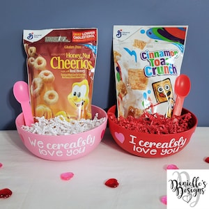 Personalized Valentine's Day Cereal Bowls Gift Set - "I Cerealsly Love You" "We Cerealsly Love You" "I Cerealsly Like You"