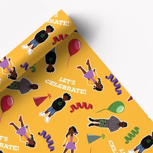 May include: Yellow wrapping paper with a repeating pattern of cartoon children, balloons, party hats, and streamers. The text "LET'S CELEBRATE!" is also printed on the paper. The children are wearing various outfits.