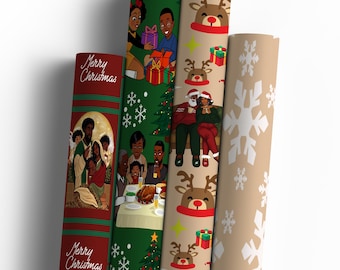 Zuhause für die Feiertage Geschenkpapier – Schwarzer Weihnachtsmann, Mrs. Claus, schwarze Elfen