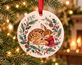 Deer Christmas Decoration | Sleeping Fawn Ceramic Tree Ornament | Blush Pink Woodland Keepsake | Gift for Deer Lovers