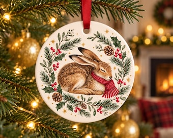 Hare Christmas Decoration | Ceramic Woodland Tree Ornament | Sleeping Hare Keepsake | Gift for Hare Lovers