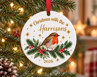 Personalised Robin Christmas Decoration 2026 | Ceramic Family Name Ornament | Christmas Tree Keepsake