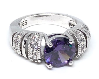 Sterling Silver Purple Cubic Zirconia Cocktail Ring - Size 6.75 - Solid 925 Silver Heavy Solitaire Rings with Multiple Colored CZ