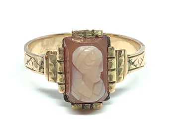 1800’s Antique 14K Coral and Shell Cameo Ring - Size 6.5 - Victorian Era Solid Yellow Gold Estate