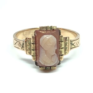 1800’s Antique 14K Coral and Shell Cameo Ring - Size 6.5 - Victorian Era Solid Yellow Gold Estate
