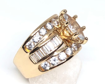 90’s Vintage Sterling Silver Vermeil Cubic Zirconia Statement Ring - Size 5 3/4 - Solid 925 Sterling Silver Vermeil with Clear CZ